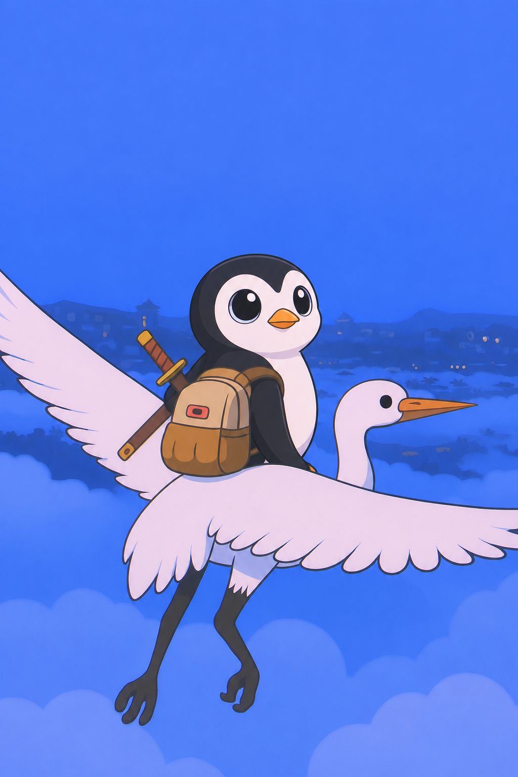 Pingo the penguin riding a white crane over a misty city, sword and backpack on