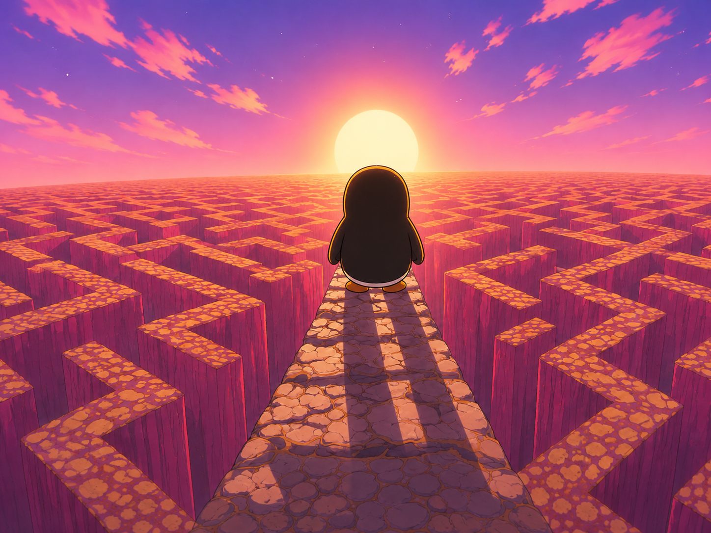Pingo facing an endless maze at sunset