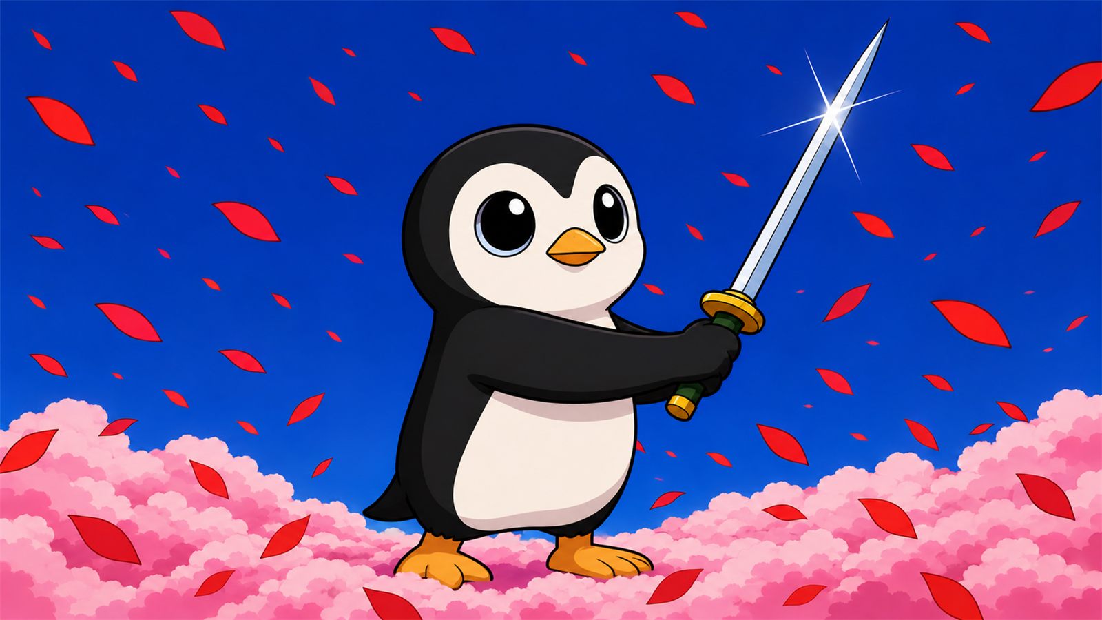Pingo holding a katana under falling cherry blossoms